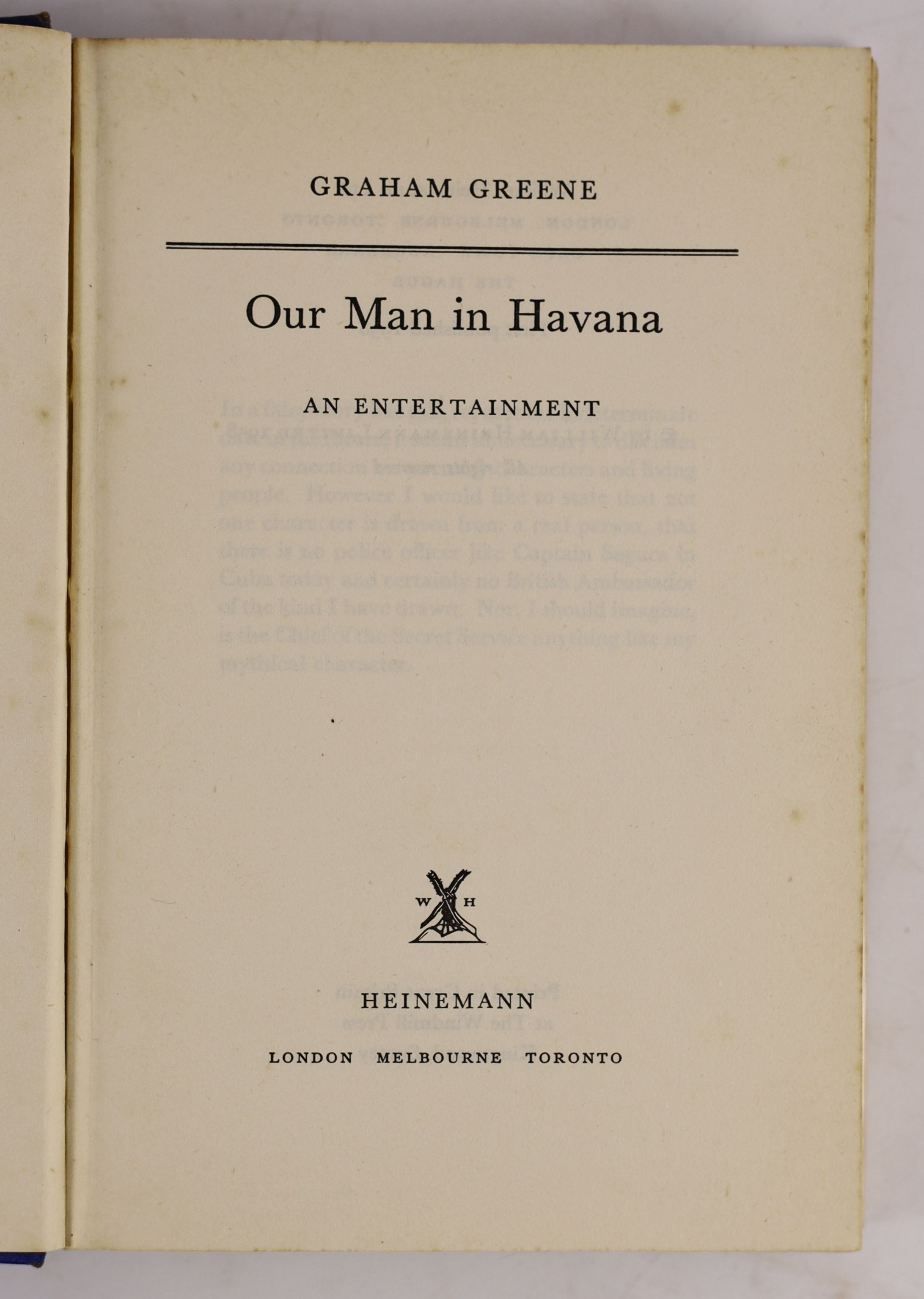 Greene, Graham - Our Man in Havana. 1st ed. original cloth with unclipped d/j. 8vo. Heinemann, London, 1958.